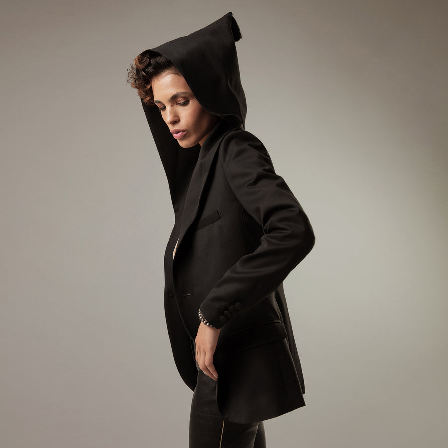 Blazer with Hoodie in Black Wool Gabardine
