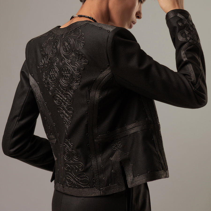 Embroidered Bolero Jacket in Black Wool Flannel