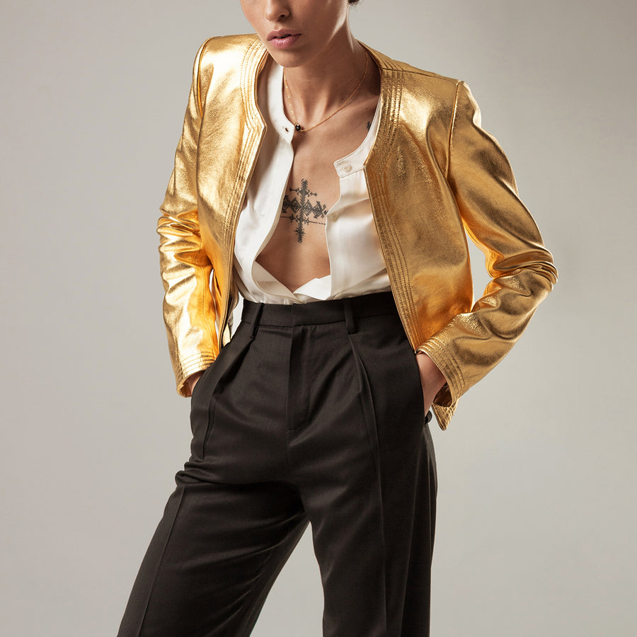 Trimmed Bolero Jacket in Gold Lambskin Leather