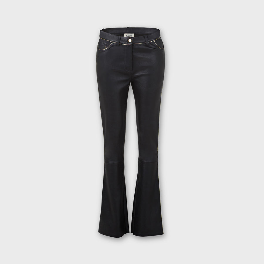 Black flared pants leather lambskin gold piping