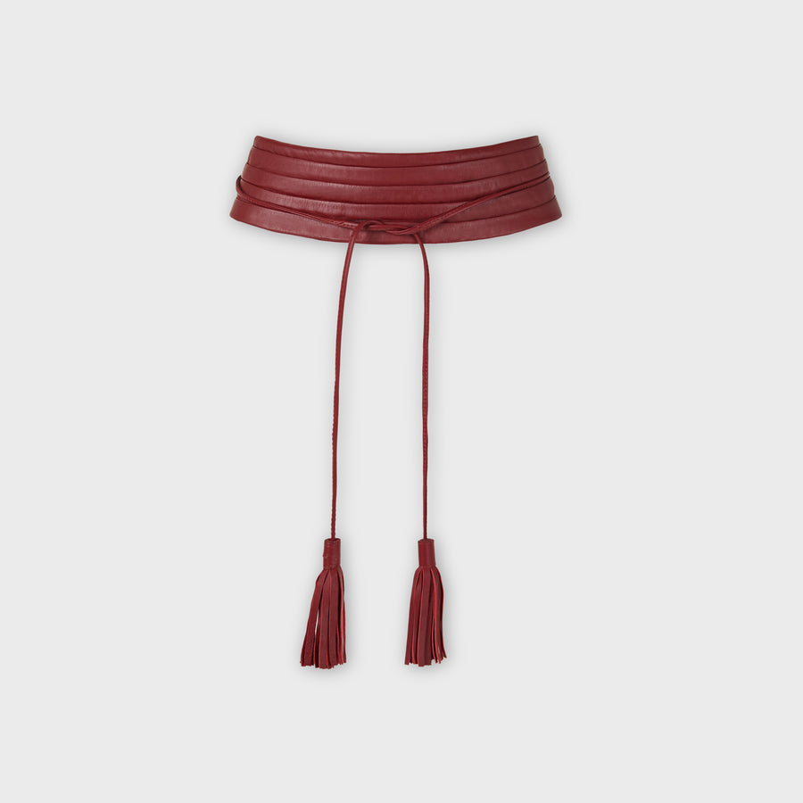 Maroon pleated leather lambskin belt tassel