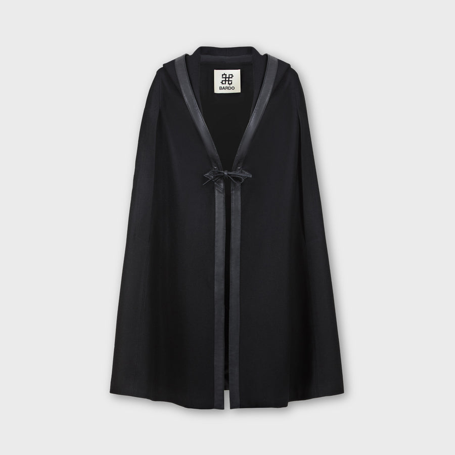 Black midi burnous cape wool felt leather lambskin trim
