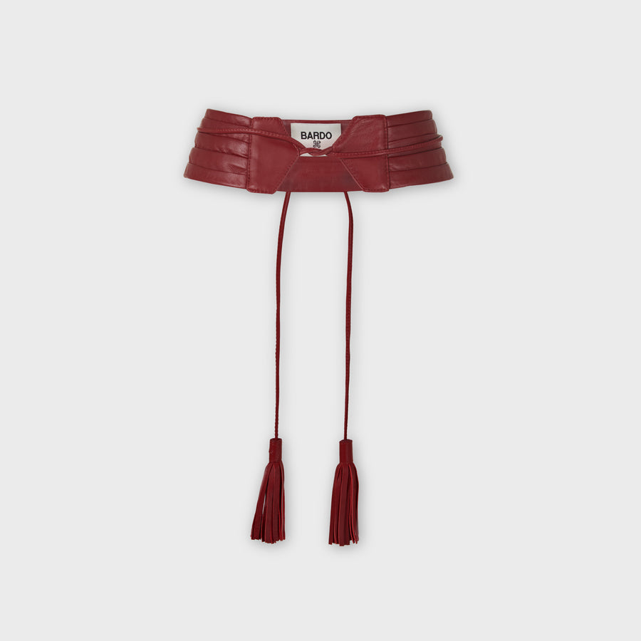 Maroon pleated leather lambskin belt tassel
