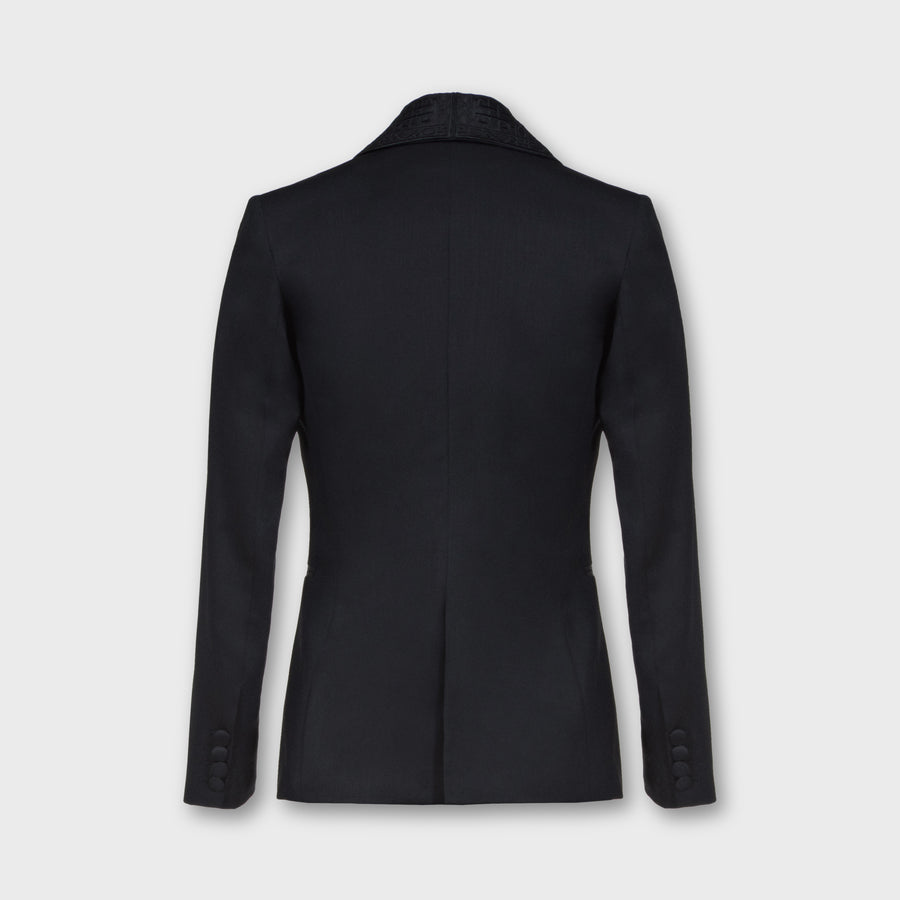 Black tuxedo jacket wool gabardine embroidery silk satin lapel