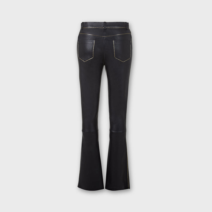 Black flared pants leather lambskin gold piping