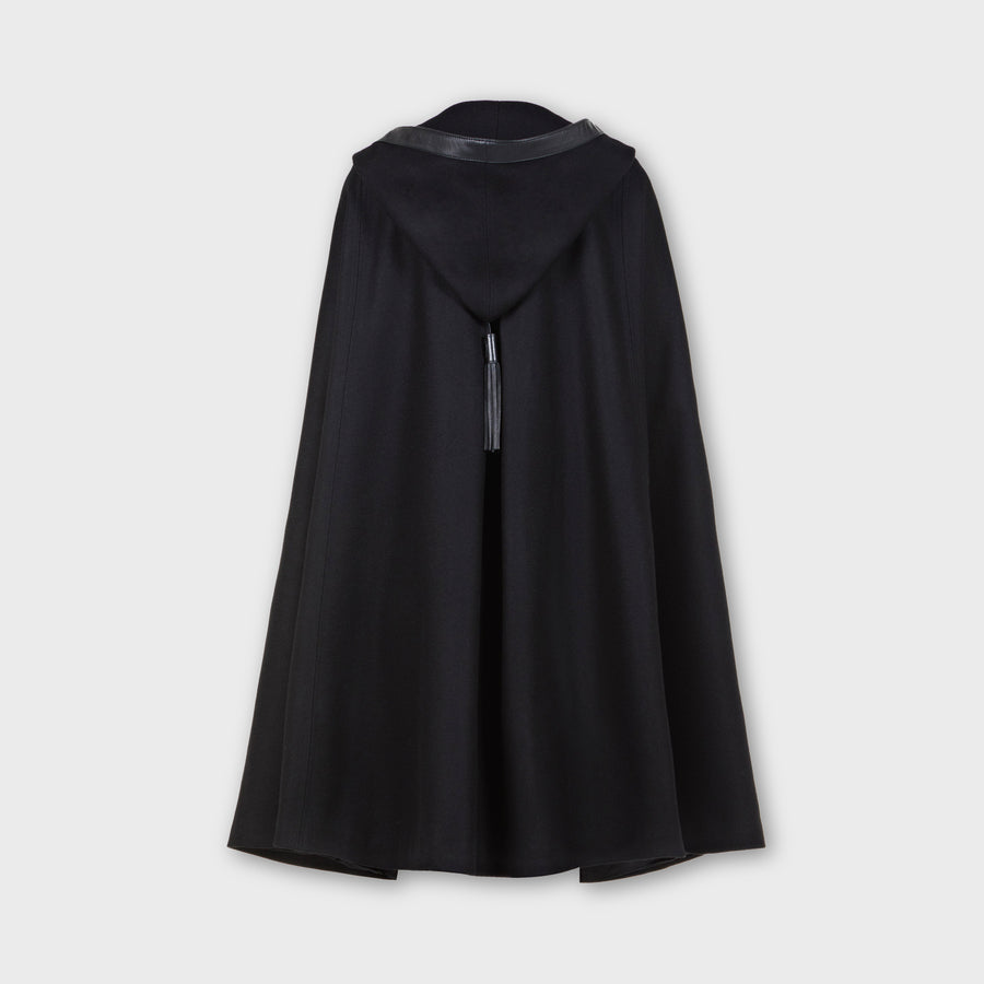 Black midi burnous cape wool felt leather lambskin trim