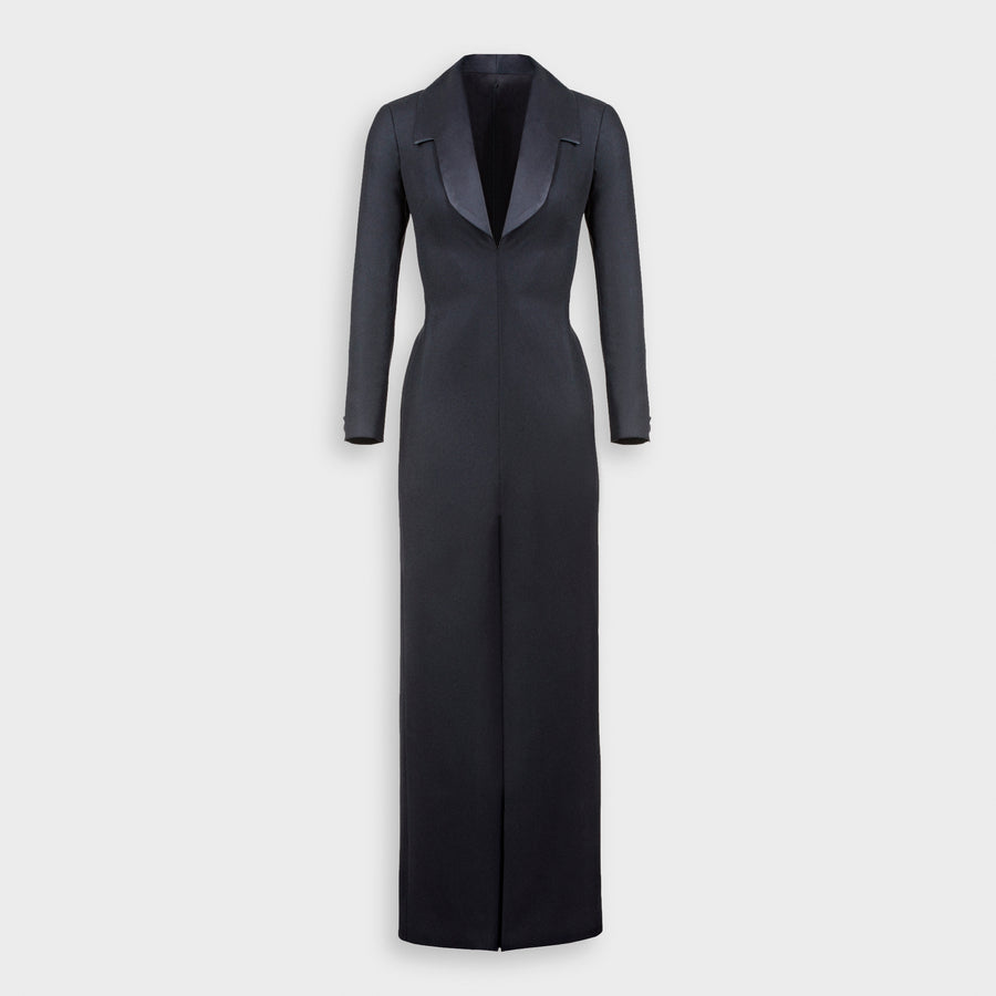 Maxi Dress in Black Stretch Wool Twill