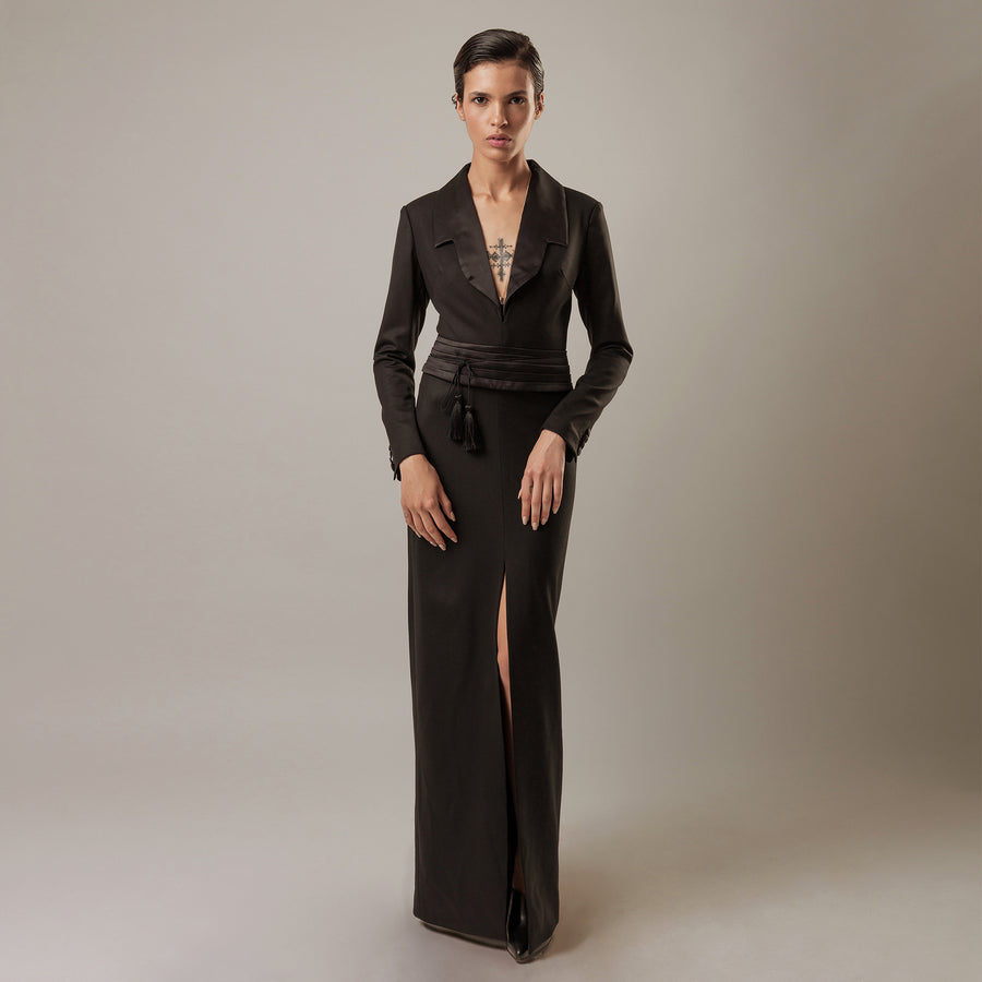 Maxi Dress in Black Stretch Wool Twill